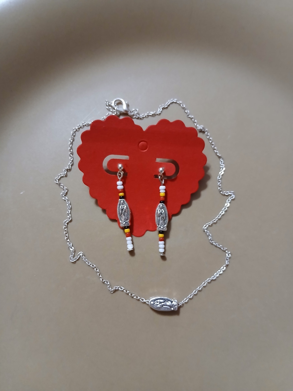 Silver-Tone Beaded Virgin Mary Necklace and Earring Set - Red, Yellow, White